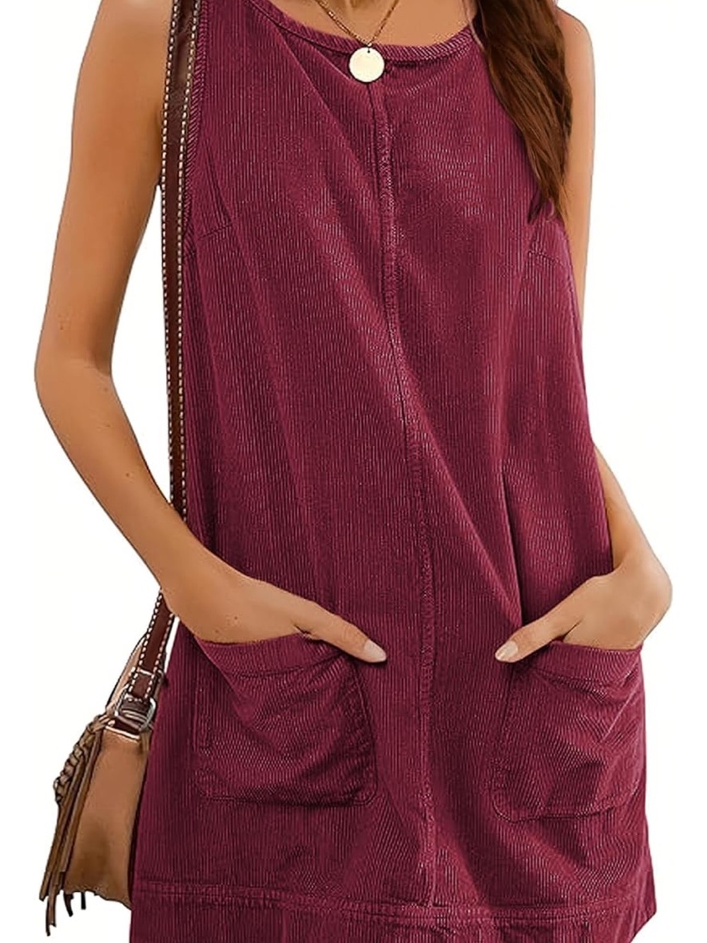 Sleeveless Corduroy Pocket Tunic Dress - Wine
